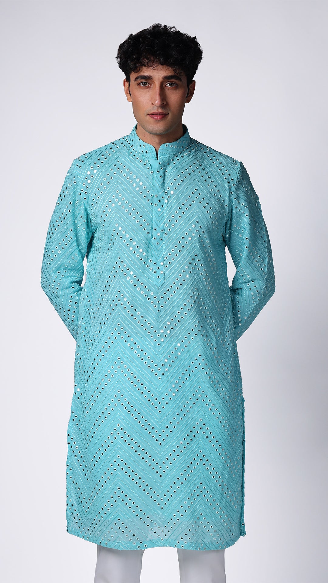 Aqua Blue Kurta with Patterned Mirror Embroidery - BWO by Smit Pithadia