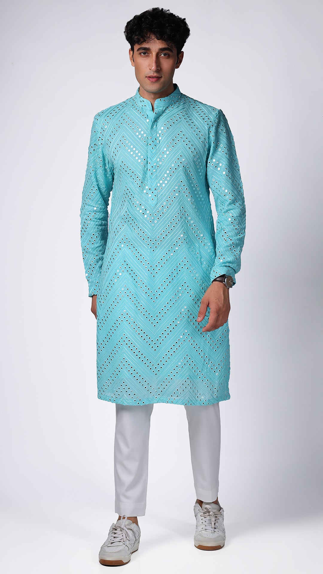 Aqua Blue Kurta with Patterned Mirror Embroidery - BWO by Smit Pithadia