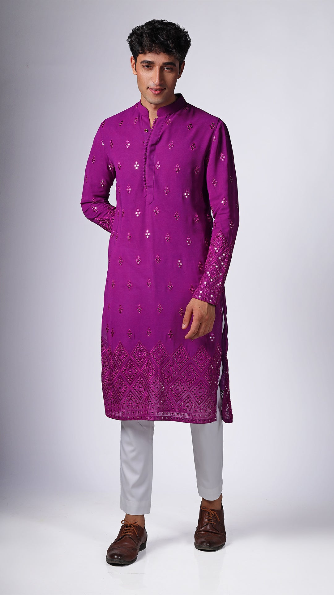 Magenta Kurta with Floral Mirror Embroidery - BWO by Smit Pithadia