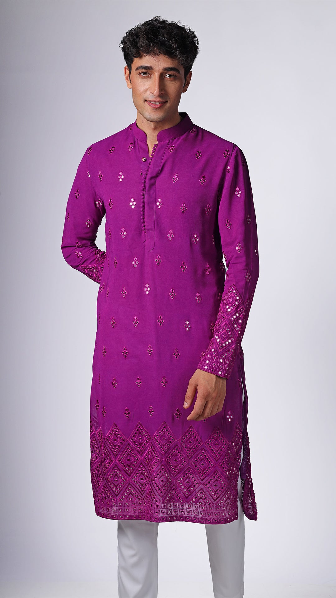 Magenta Kurta with Floral Mirror Embroidery - BWO by Smit Pithadia