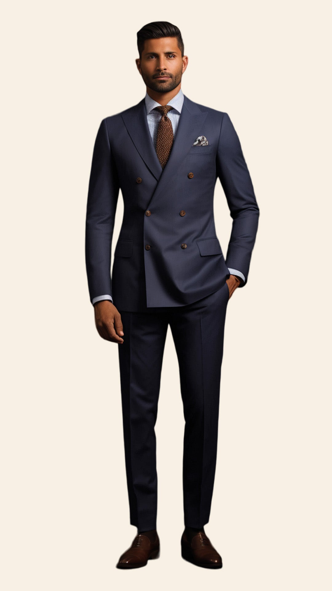 Full view of a custom men's Lead Grey double-breasted suit crafted by BWO. The suit exudes a modern and sophisticated style, ideal for formal events and business attire.