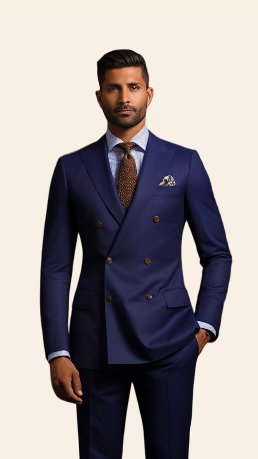 Upper half image of a custom men's Royal Blue double-breasted suit by BWO, highlighting the exquisite tailoring and elegant lapel details