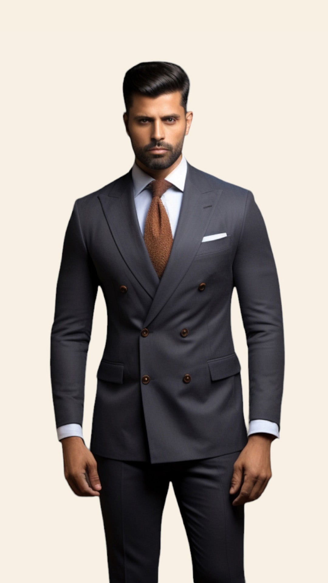 Upper half image of a custom men's Steel Grey double-breasted suit by BWO, highlighting the detailed tailoring and refined lapel design.