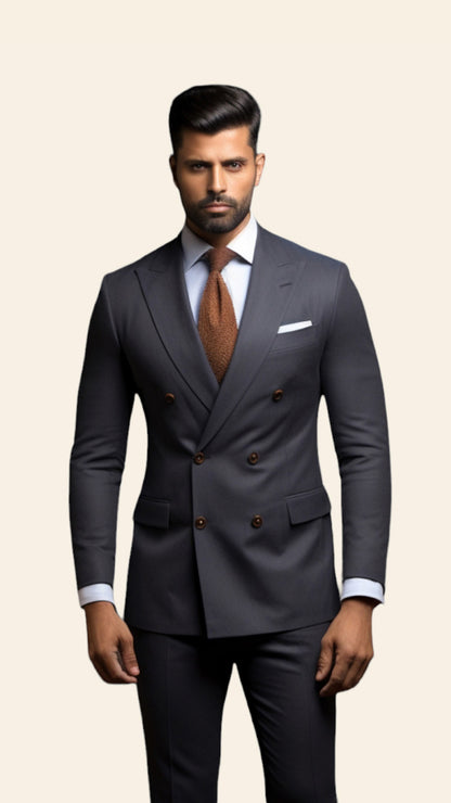 Upper half image of a custom men's Steel Grey double-breasted suit by BWO, highlighting the detailed tailoring and refined lapel design.