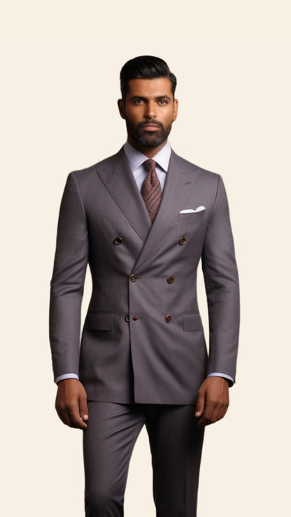 Upper half image of a custom men's Grey Popover double-breasted suit by BWO, highlighting the detailed tailoring and sleek lapel design