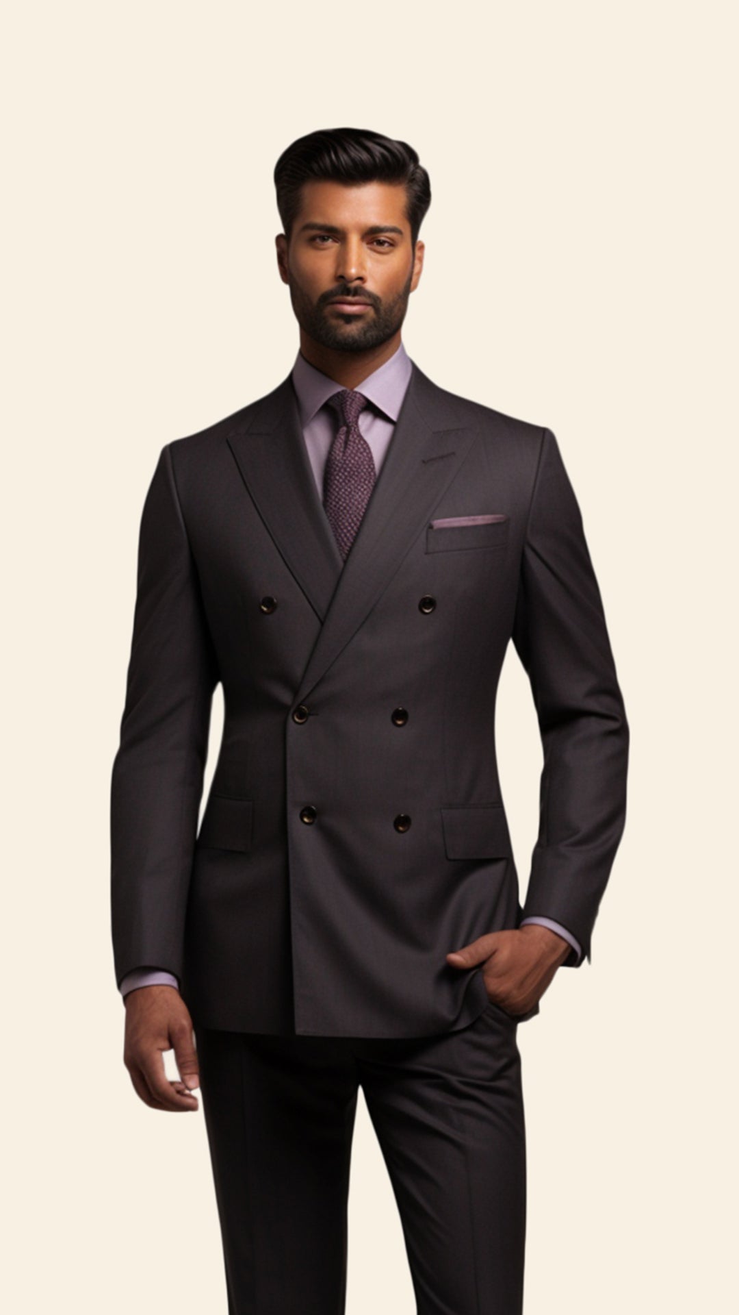 Upper half image of a custom men's Brownish Wine double-breasted suit by BWO, highlighting the meticulous tailoring and luxurious lapel details.
