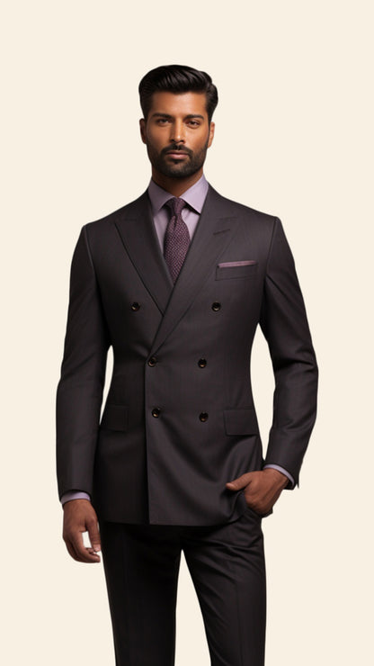 Upper half image of a custom men's Brownish Wine double-breasted suit by BWO, highlighting the meticulous tailoring and luxurious lapel details.