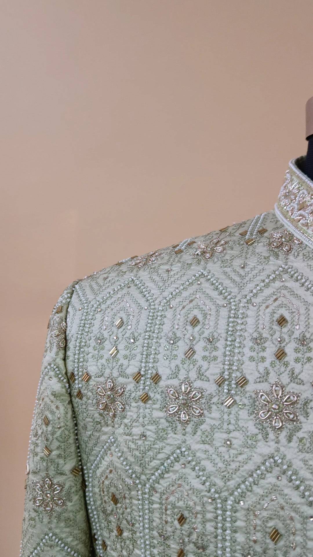 Buy Wedding Outfits Hand Embroidered Green Silk Hexagonal Bloom Sherwani Set - Buyweddingoutfits