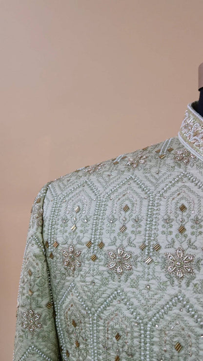 Buy Wedding Outfits Hand Embroidered Green Silk Hexagonal Bloom Sherwani Set - Buyweddingoutfits