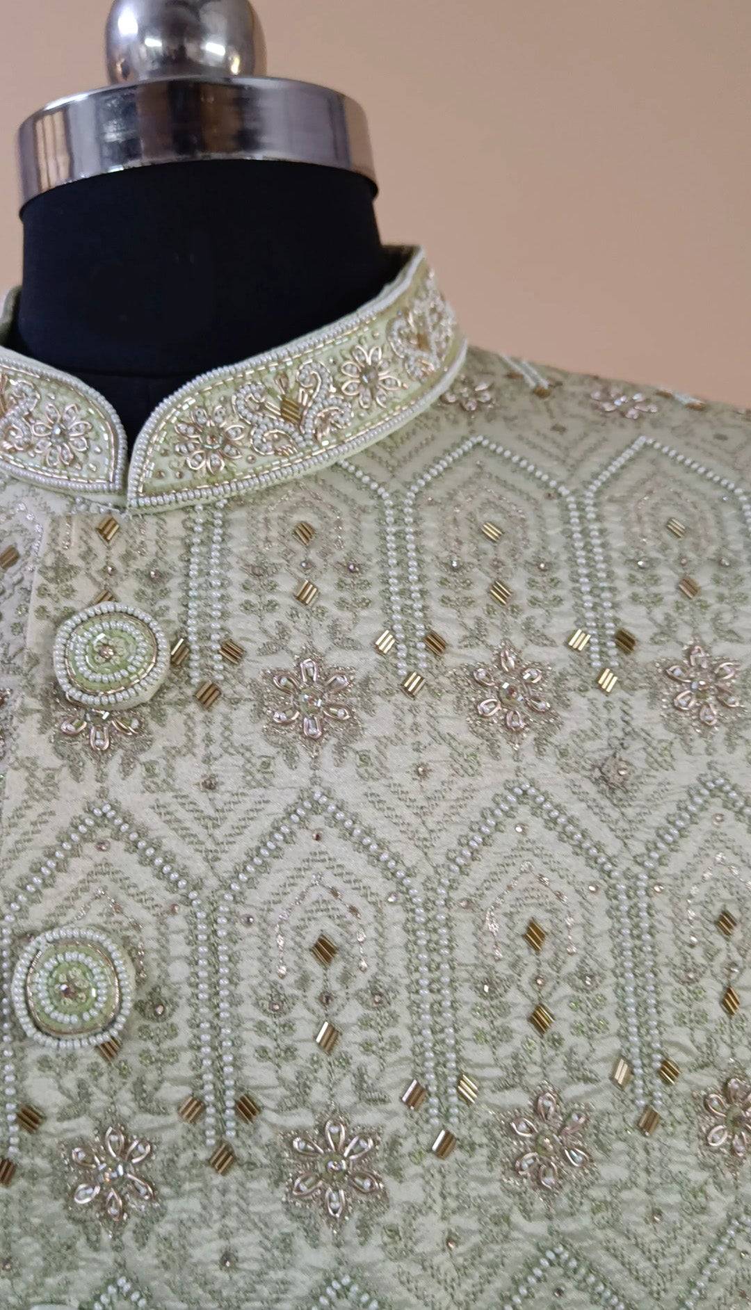 Buy Wedding Outfits Hand Embroidered Green Silk Hexagonal Bloom Sherwani Set - Buyweddingoutfits