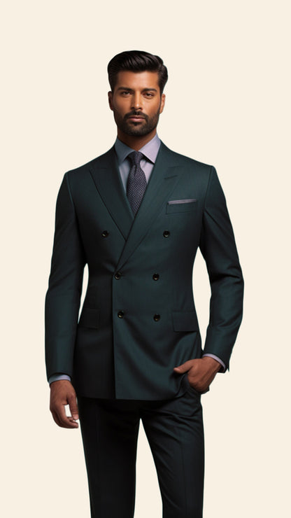 Upper half image of a custom men's Pine Green double-breasted suit by BWO, highlighting the detailed tailoring and sleek lapel work
