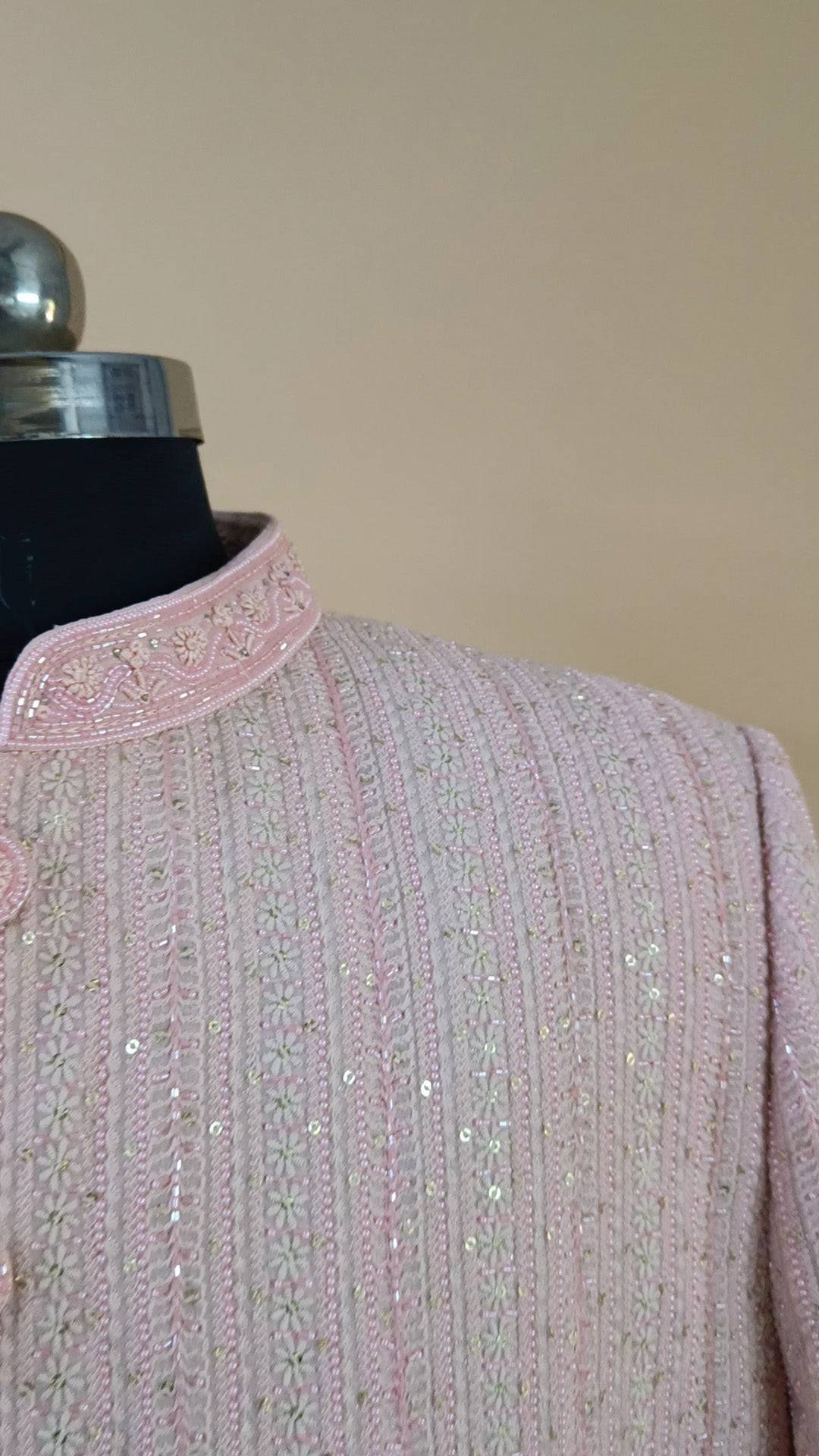 Buy Wedding Outfits Pink Hand-Embroidered Lucknowi Columnar Floral Sherwani Set - Buyweddingoutfits