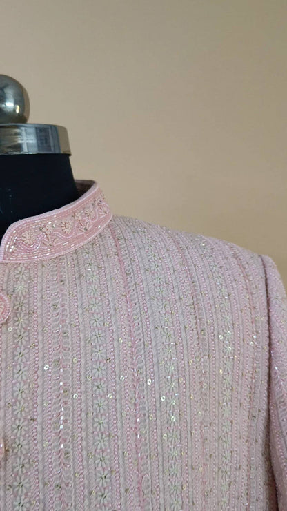 Buy Wedding Outfits Pink Hand-Embroidered Lucknowi Columnar Floral Sherwani Set - Buyweddingoutfits