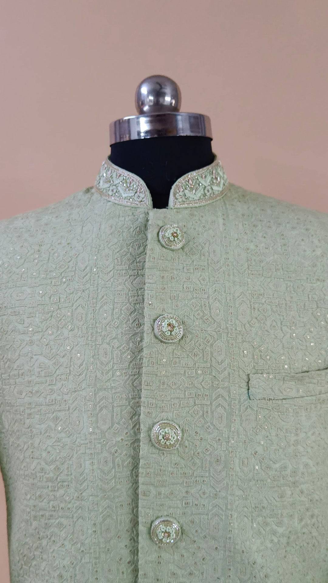 Buy Wedding Outfits Parrot Green Lucknowi Geometrical Sequin Sherwani Set - Buyweddingoutfits
