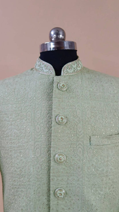 Buy Wedding Outfits Parrot Green Lucknowi Geometrical Sequin Sherwani Set - Buyweddingoutfits