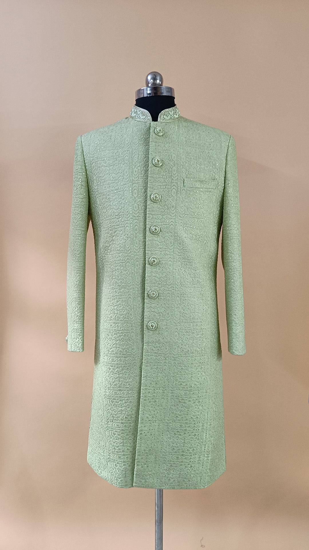 Buy Wedding Outfits Parrot Green Lucknowi Geometrical Sequin Sherwani Set - Buyweddingoutfits