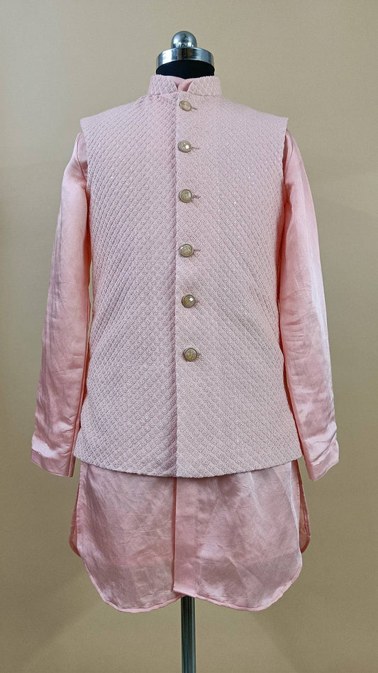Buy Wedding Outfits Peach Lucknowi Boxed Sequin Bundi Kurta Set - Buyweddingoutfits