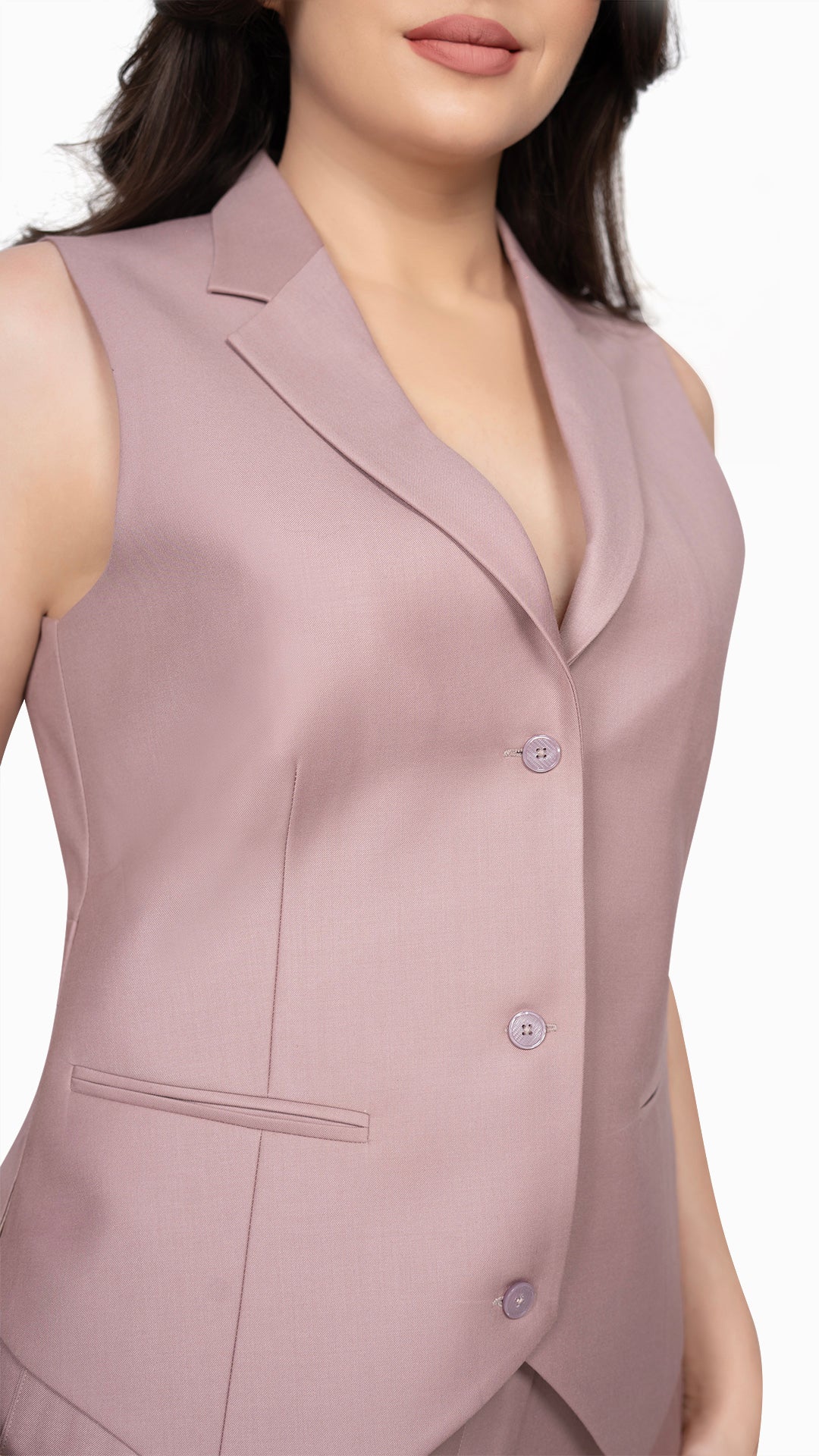 A refined waistcoat in onion pink featuring a sleek silhouette, three-button closure, and a notch lapel for a confident look.