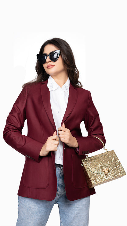A stylish maroon blazer with a clean notch lapel, patch pockets, and tailored fit for versatile styling.