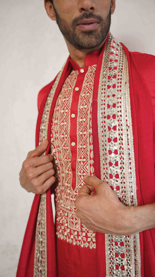 Red Kurta with intricate beige embroidery on a stole